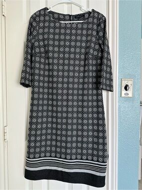 Cortigiani Elbow Sleeve Stretch Sheath Dress black and white geometric size L
